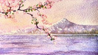 Горы, снежные пики  и сакура. Акварель.Snow on mountains. Watercolour