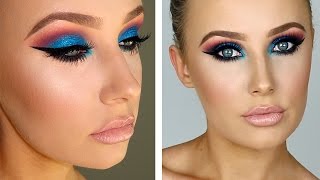 FULL GLAM: Sparkly Blue/Pink Eyes + Flawless Skin | Lauren Curtis