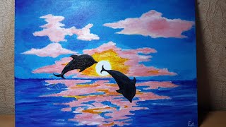 Акриловые краски.
Урок для начинающих.
Морской пейзаж.
Дельфины. Закат. Акрил