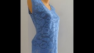 Голубой филейный  топ .Завершение ( обвязка горловины) crochet top (В №18)