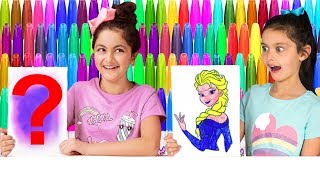 3 MARKER CHALLENGE! SIS vs SIS ? DISNEY FROZEN Elsa, MLP and Minions Edition!