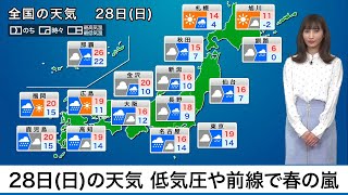 28日(日)の天気低気圧や前線通過で春の嵐　全国的に雨