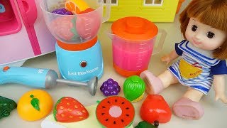 Baby doll and Fruit juice maker and refrigerator toys play
