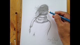 Hướng dẫn vẽ cô gái buồn quay lưng tóc rối bút chì