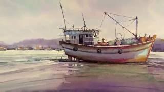 Watercolor Painting :Fishing Boat on the beach