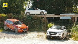 Test voitures intégrales: Mazda CX-3, Peugeot 4008 et VW Golf 4Motion