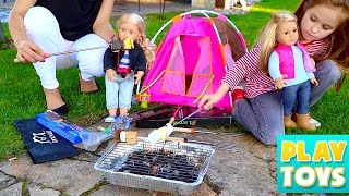 Cute girl playing with Dolls & Grilling MArshmallows smores