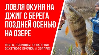 Ловля окуня на джиг с берега поздней осенью на озере