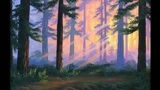 Come dipingere un bosco 1 al tramonto con colori acrilici su tela