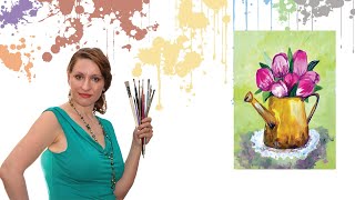 Тюльпаны в лейке. Рисуем акрилом или гуашью