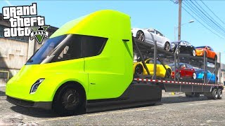 GTA 5 - Delivering Teslas in a Tesla Car Carrier Truck Mission (Real Life Ep10)!!