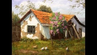 ?  ХуДоЖнИкИ Деревенский пейзаж маслом / Домик деревня курочки / Урок рисования / Вугар Мамедов