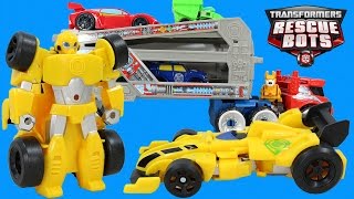 Transformers Rescue Bots Bumblebee rescues Optimus Prime & Sideswipe after he gets a big upgrade!