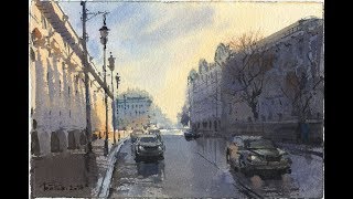 Акварельный городской мотив с контражуром