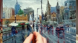 Walking to Flinders Street Station - In the Rain - Palette Knife | Brush Oil Painting Dusan