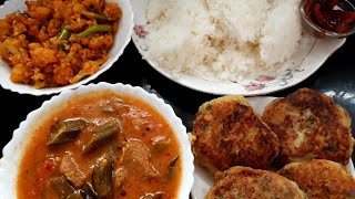 Tamater gosh ki kadi/kheeme ki cutlets/fried phool gobi/white rice tasty lunch recipe