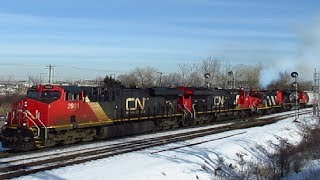 CN TRAIN WITH SMOKEY GP9 ENGINE IN DORVAL MONTREAL 1-30-20