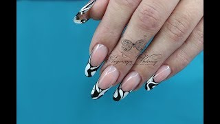 Черно-белая графика/коррекция арочный миндаль под лак с удлинением ногтевого ложа