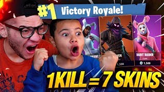 1 KILL = 7 FREE SKINS FOR MY 9 YEAR OLD LITTLE BROTHER! 9 YEAR OLD PLAYS SOLO FORTNITE BATTLE ROYALE