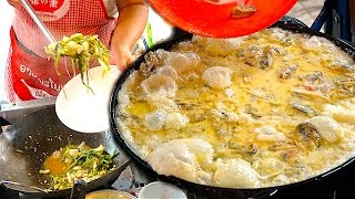 Laos Street Food - Crispy mussel pancake, Shrimp Fried rice and Seafood-Pork stir fry Sukiyaki