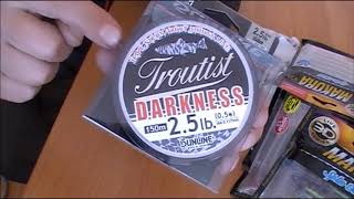 ЛЕСКА ПОД МОРМЫШИНГ СИЛИКОН И ГРУЗА ДЛЯ ДРОП ШОТА. Sunline Troutist Darkness,  Lucky John 3D Makora