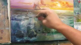 Marine oil painting. The surf in warm tones. Part 2.  Add the details of the dry paint.