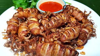 กับข้าวกับปลาโอ 640 : หมึกยัดไส้ทอดกระเทียม หมึกยัดไส้หมูสับทอดกระเทียมหอมๆ  fried Squid with garlic