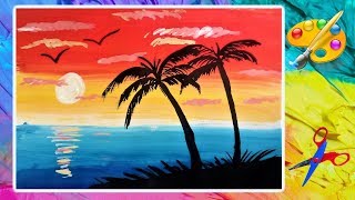 Супер просто! Как нарисовать закат на море, пляж.  Sunset on the sea