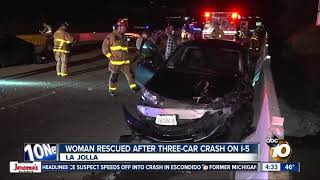 Woman, dogs rescued from car after I-5 crash