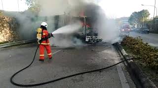 Garbage truck catches fire in front of 12th battalion of GOF headquarters along Miri-Bintulu road