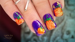 Grant and Suzie Hand-Paint Pumpkin Halloween Nail Art