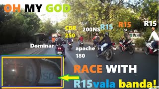 R15v3 vs NS200 vs CBR 250 fun street race with other bikes