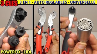 3 clés LIDL POWERFIX cliquet 3 en 1 - douille universelle - auto réglables