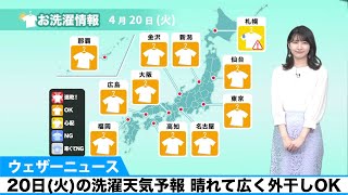 20日(火)の洗濯天気予報　晴れて広く外干しOK
