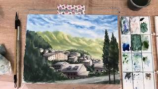 Домики в горах. Рисунок пейзажа акварелью.