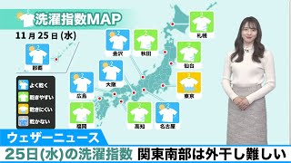 25日(水)の洗濯指数／広範囲で日差し届くも関東南部は外干し困難