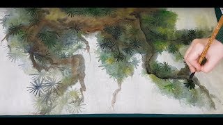 Как нарисовать Сосну видео урок се-и Watercolor Asian brush Pine Tree Painting tutorial 소나무 그림 그리기