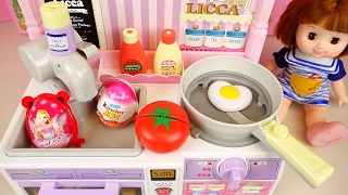 Baby doll kitchen and Kinder Joy Surprise eggs toys play