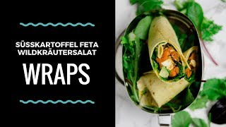 Wraps mit Süßkartoffel, Feta, Avocado und Wildkräutersalat