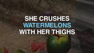 Fitness of teenage girls girls crushes pine apple with her thigh