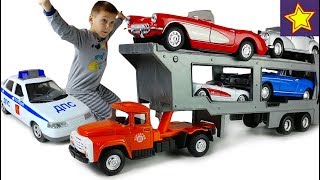 Машинки Полицейская погоня за автовозом с ретро машинками Police car toys for kids
