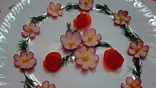 Цветы из редиса. Цветы из овощей. Украшения тарелки. Flowers radish. Flowers vegetables.