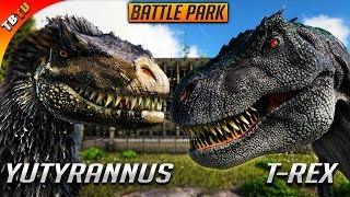 YUTYRANNUS VS TREX! FIRST COLISEUM BATTLE! Ark Survival Evolved Battle Park (Ragnarok)