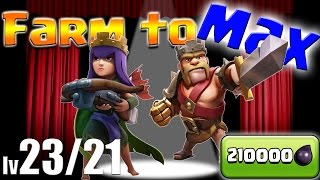 Clash of Clans: TH9 FARM to MAX!!  210000 Dark Elixir!  Lv23 Queen & Lv21 King!  Goblin Knife!