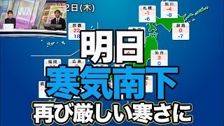 明日は寒気南下　再び厳しい寒さに