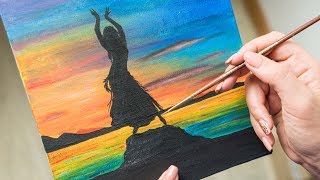 Dancing Girl at Sunset by the Sea - Acrylic painting / Homemade Illustration (4k)