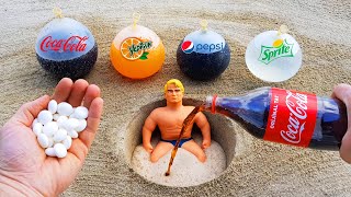 EXPERIMENT !!! Stretch Armstrong VS Underground and Balloon, Coca Cola, Pepsi, Sprite, Yedigün and