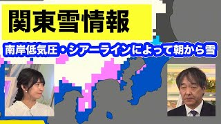 南岸低気圧とシアーラインによる雨雪　東京も降り始めは雪　関東西部・北部ほど積雪
