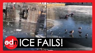 Netherlands Freeze: Skaters Needs RESCUING From Frozen Lake in The Hague