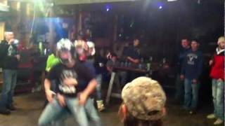 Gervae and Johnson wrestling/making gay love with helmets on - New Years Party